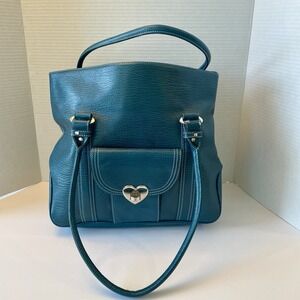 Lovecat Paris Teal/Blue Leather Crystal Heart Shoulder Bag Handbag Purse‎ EUC!